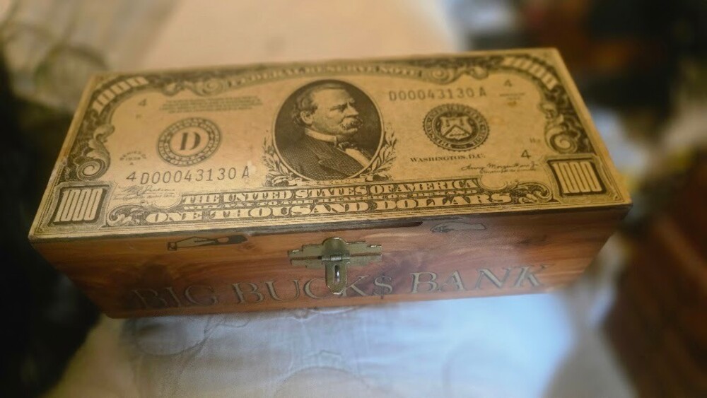 Wooden Money Box Vintage Big Bucks Bank $100 Bill Design